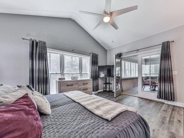 430 Cajun Dr, Ellijay, GA 30540 - bedroom with multiple windows, wood finished floors, high vaulted ceiling, and a ceiling fan