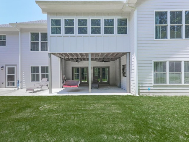 430 Cajun Dr, Ellijay, GA 30540 - back of house with french doors, ceiling fan, a patio, and a lawn