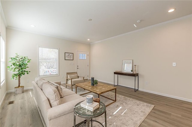 living room featuring crown molding and wood-type flooring