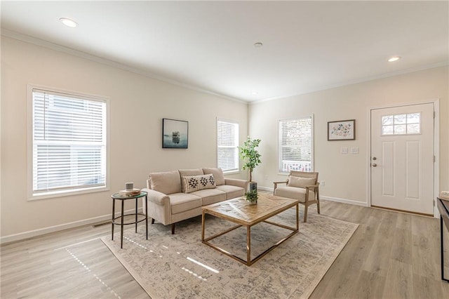 living room featuring ornamental molding and light wood-type flooring