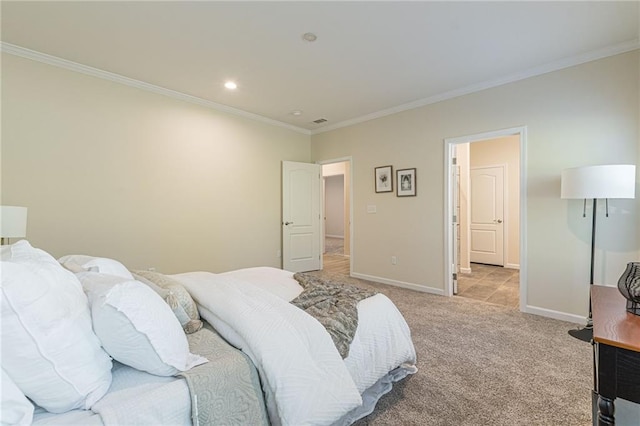 carpeted bedroom with crown molding