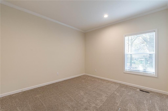 spare room with ornamental molding and carpet