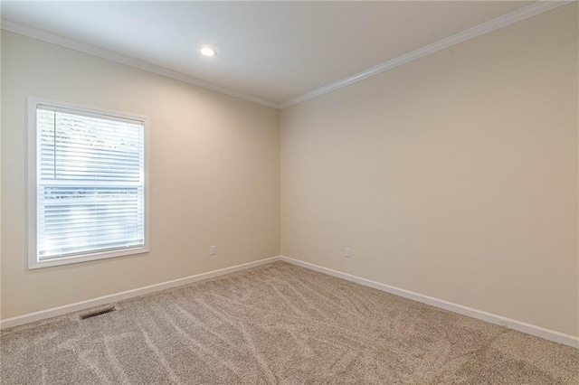 carpeted spare room featuring ornamental molding and a healthy amount of sunlight