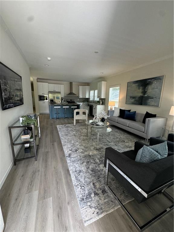 living room with crown molding and light hardwood / wood-style floors