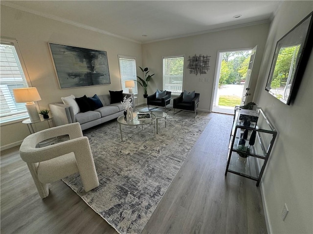 living room featuring crown molding, plenty of natural light, and hardwood / wood-style flooring