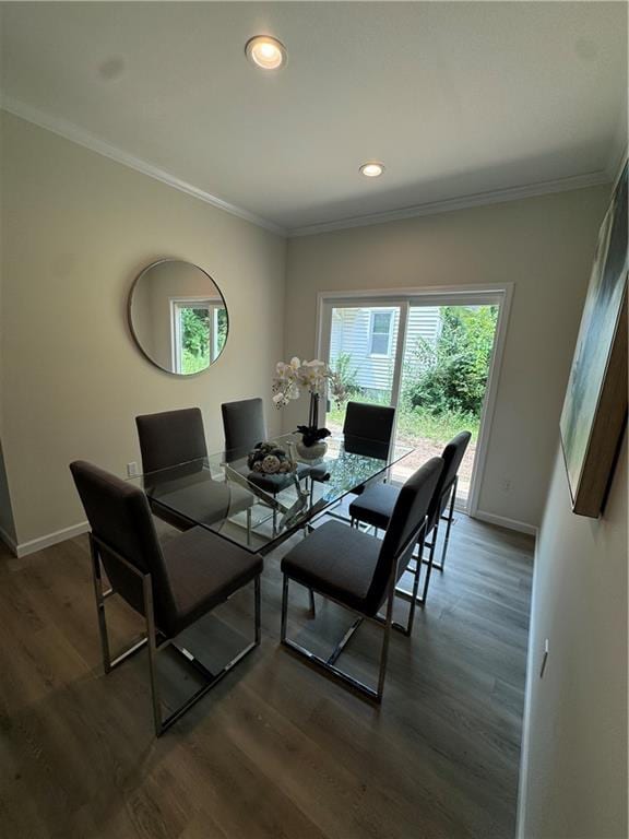 dining space with a wealth of natural light and dark wood-type flooring