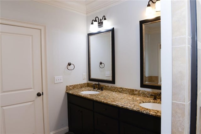 bathroom featuring dual bowl vanity and ornamental molding