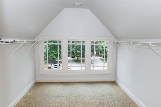 spacious closet with light carpet and lofted ceiling