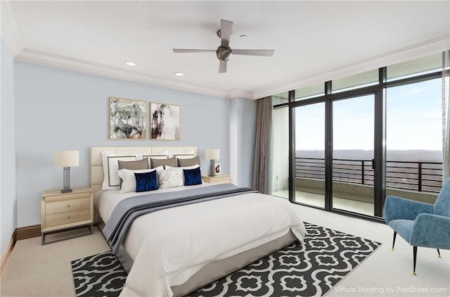 750 Park Ave NE Unit 19E, Atlanta, GA 30326 - bedroom with a wall of windows, access to exterior, carpet flooring, and crown molding