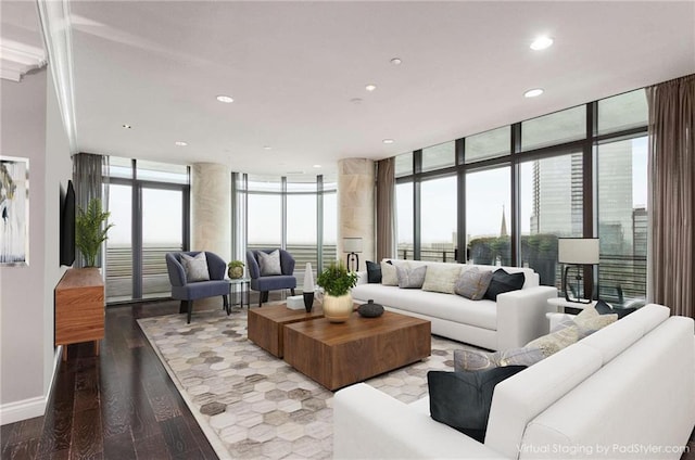 750 Park Ave NE Unit 19E, Atlanta, GA 30326 - living room featuring a wealth of natural light, recessed lighting, a wall of windows, and wood finished floors