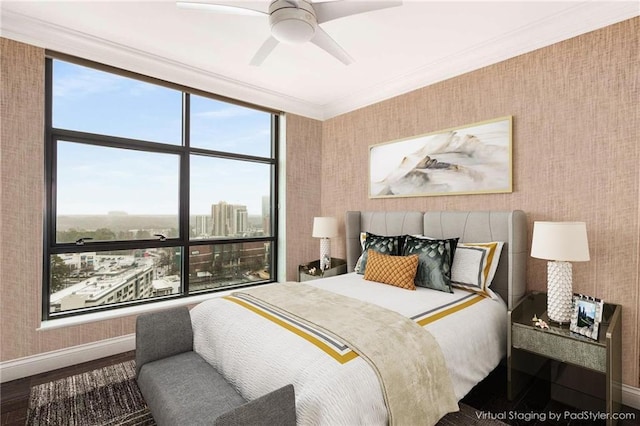 750 Park Ave NE Unit 19E, Atlanta, GA 30326 - bedroom featuring wallpapered walls, baseboards, a city view, ornamental molding, and wood finished floors