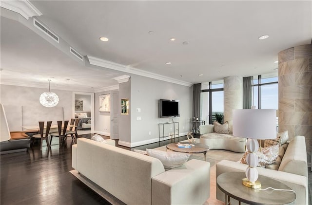 750 Park Ave NE Unit 19E, Atlanta, GA 30326 - living area featuring visible vents, crown molding, baseboards, dark wood finished floors, and recessed lighting