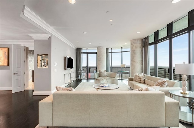 750 Park Ave NE Unit 19E, Atlanta, GA 30326 - living area featuring a wall of windows, crown molding, dark wood-type flooring, and baseboards