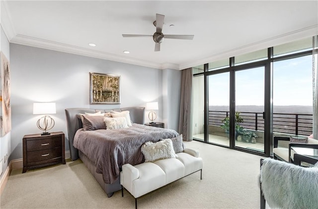 750 Park Ave NE Unit 19E, Atlanta, GA 30326 - bedroom with light colored carpet, a wall of windows, ornamental molding, and access to outside