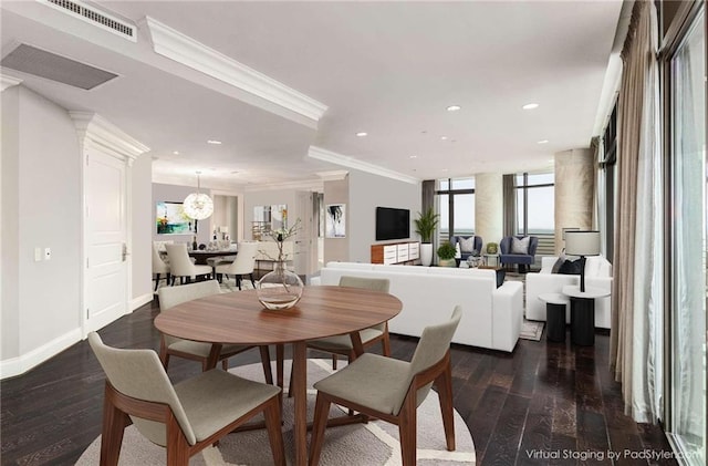 750 Park Ave NE Unit 19E, Atlanta, GA 30326 - dining area featuring dark wood-style floors, visible vents, recessed lighting, and ornamental molding