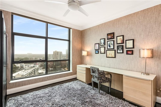 750 Park Ave NE Unit 19E, Atlanta, GA 30326 - office space featuring wood finished floors, baseboards, built in study area, wallpapered walls, and ornamental molding