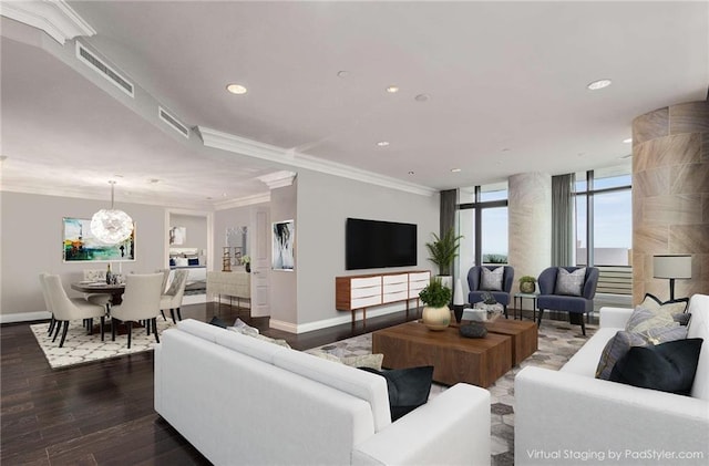 750 Park Ave NE Unit 19E, Atlanta, GA 30326 - living area featuring crown molding, baseboards, visible vents, and dark wood-type flooring