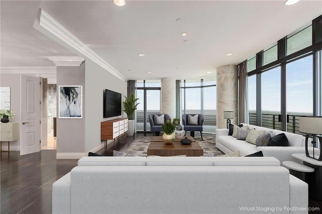750 Park Ave NE Unit 19E, Atlanta, GA 30326 - living area featuring crown molding, baseboards, expansive windows, recessed lighting, and wood finished floors