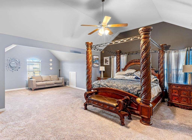 carpeted bedroom featuring lofted ceiling, ceiling fan, and baseboards