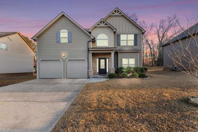 craftsman-style house with driveway, stone siding, a garage, and board and batten siding