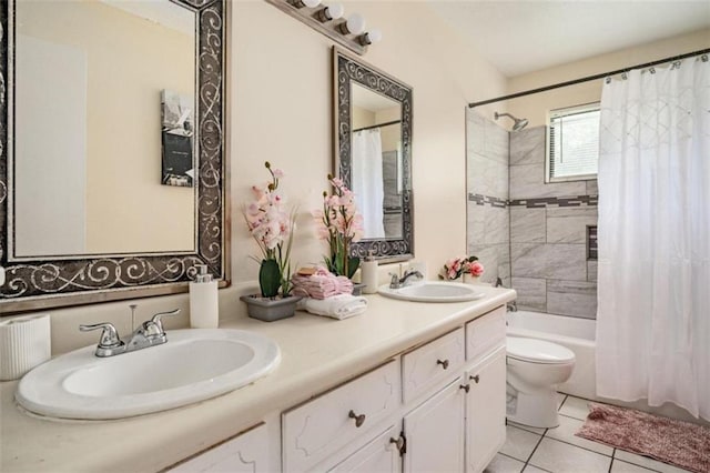 bathroom with tile patterned floors, a sink, shower / bathtub combination with curtain, and double vanity