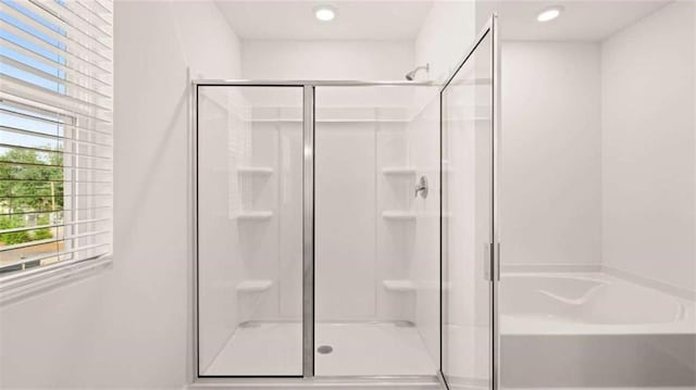 bathroom with separate shower and tub and a wealth of natural light