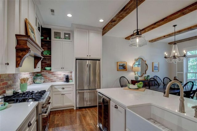 kitchen featuring beam ceiling, sink, backsplash, high quality appliances, and white cabinets