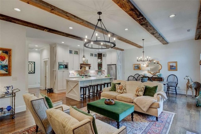 living room featuring dark hardwood / wood-style flooring, beamed ceiling, and a chandelier