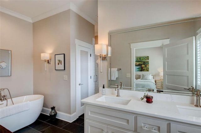 bathroom with tile patterned flooring, vanity, a tub to relax in, and crown molding