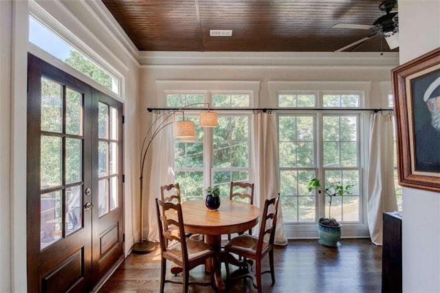 dining area featuring wood ceiling, ceiling fan, french doors, and dark wood-type flooring