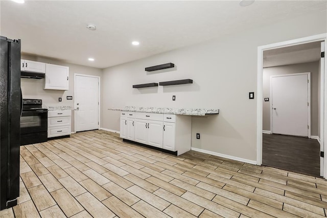 kitchen featuring black appliances, white cabinetry, open shelves, baseboards, and recessed lighting