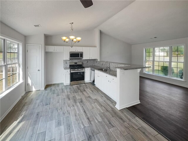 kitchen featuring appliances with stainless steel finishes, vaulted ceiling, kitchen peninsula, and light hardwood / wood-style flooring