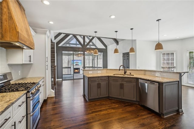 8625 Anchor On Lanier Ct, Gainesville, GA 30506 - kitchen featuring appliances with stainless steel finishes, premium range hood, dark wood finished floors, lofted ceiling, and light stone counters