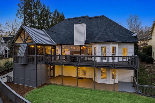 8625 Anchor On Lanier Ct, Gainesville, GA 30506 - rear view of property with a patio, a wooden deck, a lawn, a chimney, and roof with shingles
