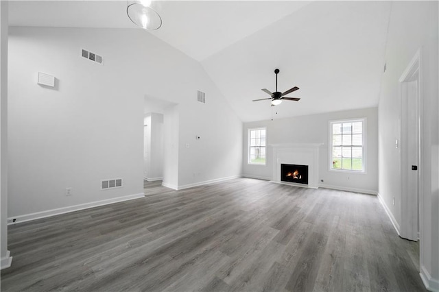 1031 Abercorn Way, Douglasville, GA 30134 - unfurnished living room featuring visible vents, a ceiling fan, and high vaulted ceiling