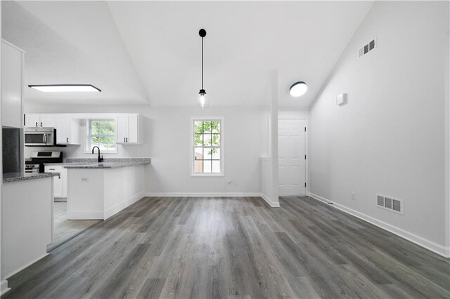 1031 Abercorn Way, Douglasville, GA 30134 - unfurnished living room featuring wood finished floors, a sink, baseboards, visible vents, and lofted ceiling