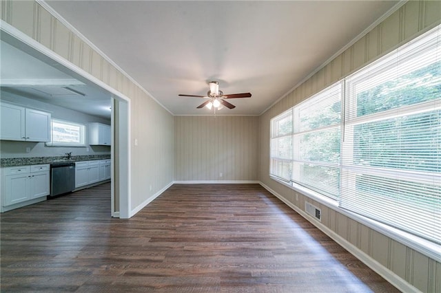 3904 W Hilda Cir, Decatur, GA 30035 - empty room with ornamental molding, a ceiling fan, and dark wood finished floors