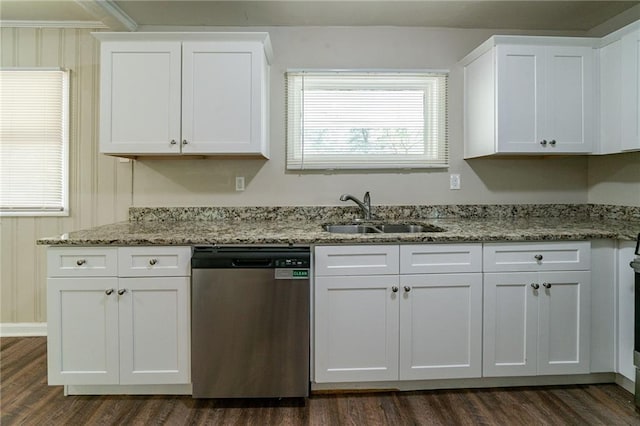 3904 W Hilda Cir, Decatur, GA 30035 - kitchen featuring dishwasher, dark wood-style floors, white cabinetry, and light stone countertops