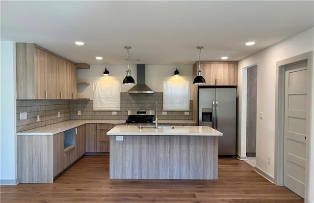 kitchen with open shelves, stainless steel appliances, modern cabinets, and wall chimney exhaust hood