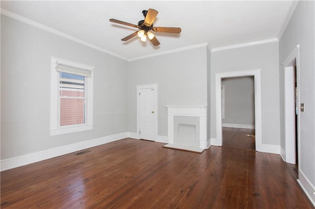 unfurnished living room with ceiling fan, baseboards, a fireplace with raised hearth, ornamental molding, and hardwood / wood-style floors