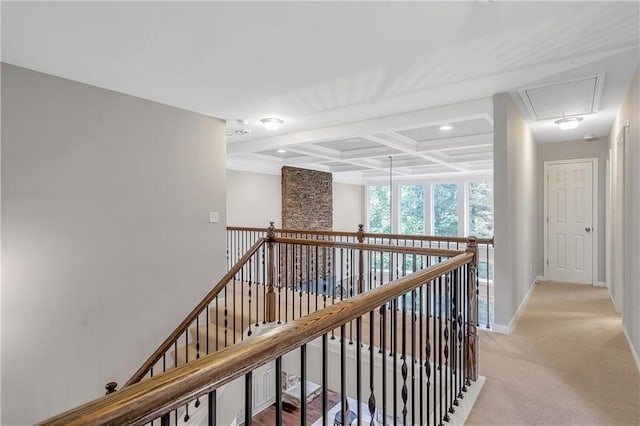 1546 Heritage Pass, Milton, GA 30004 - hallway featuring attic access, an upstairs landing, coffered ceiling, recessed lighting, and baseboards