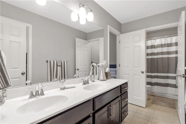 1546 Heritage Pass, Milton, GA 30004 - bathroom with toilet, double vanity, tile patterned flooring, and a shower with curtain