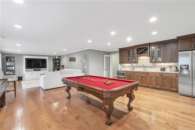 1546 Heritage Pass, Milton, GA 30004 - rec room featuring ornamental molding, light wood-type flooring, pool table, recessed lighting, and a sink