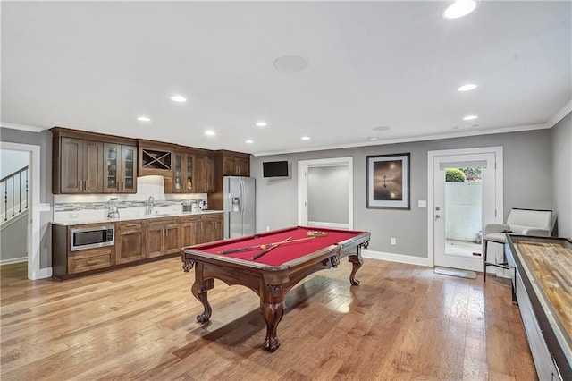 1546 Heritage Pass, Milton, GA 30004 - recreation room with crown molding, a sink, recessed lighting, billiards, and light wood-style flooring