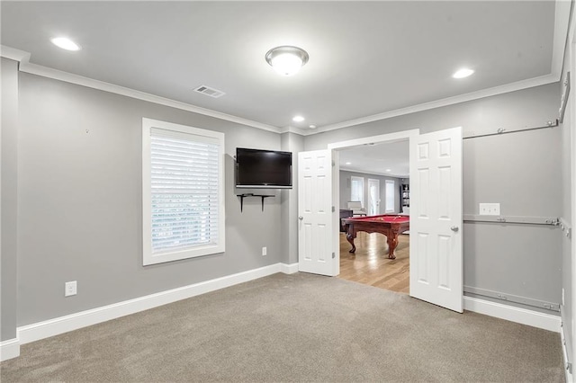 1546 Heritage Pass, Milton, GA 30004 - unfurnished bedroom with carpet flooring, crown molding, pool table, recessed lighting, and baseboards