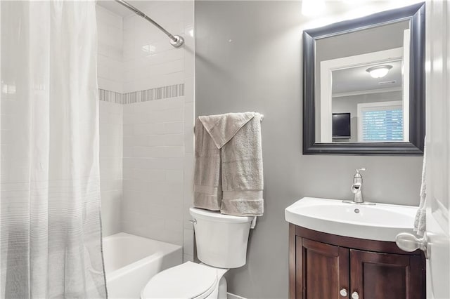 1546 Heritage Pass, Milton, GA 30004 - bathroom with toilet, vanity, shower / tub combo, and crown molding