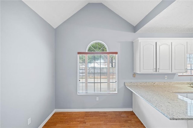 interior space with vaulted ceiling, wood finished floors, and baseboards