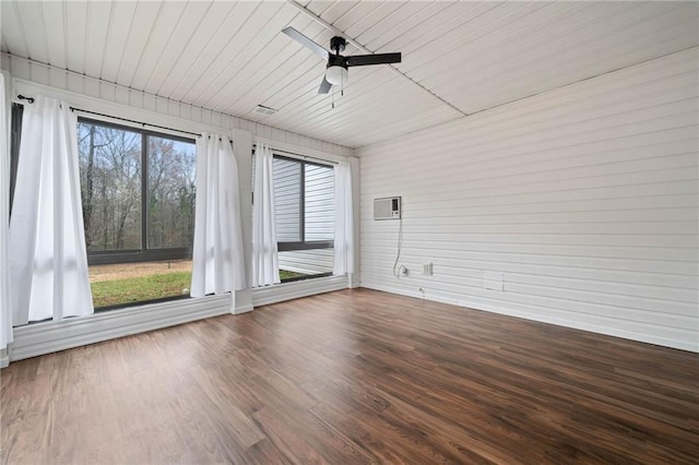 interior space with wood ceiling, wood finished floors, and a ceiling fan