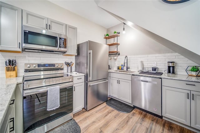 kitchen featuring stainless steel appliances, a sink, light wood-style floors, backsplash, and open shelves