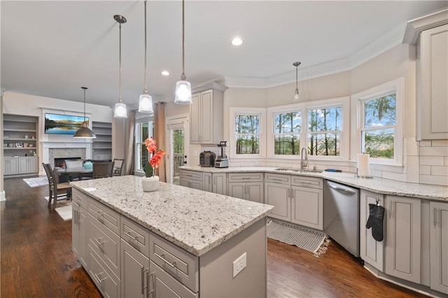 4402 Income Cir, Ellenwood, GA 30294 - kitchen featuring dishwasher, a sink, gray cabinets, tasteful backsplash, and recessed lighting